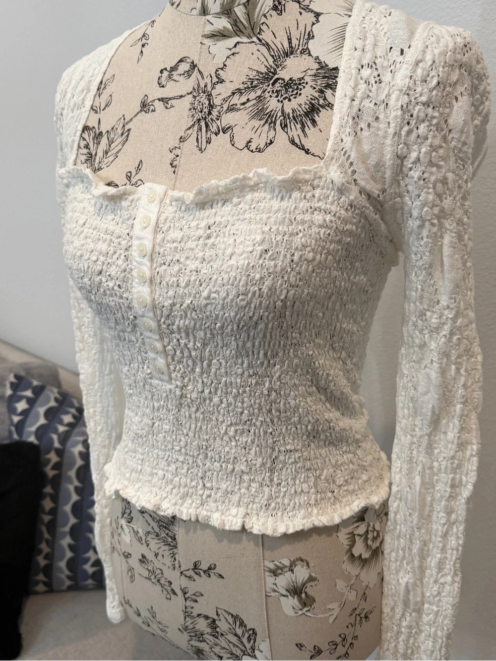 Free People White Lace Square-Neck Smocked Long-Sleeve Top